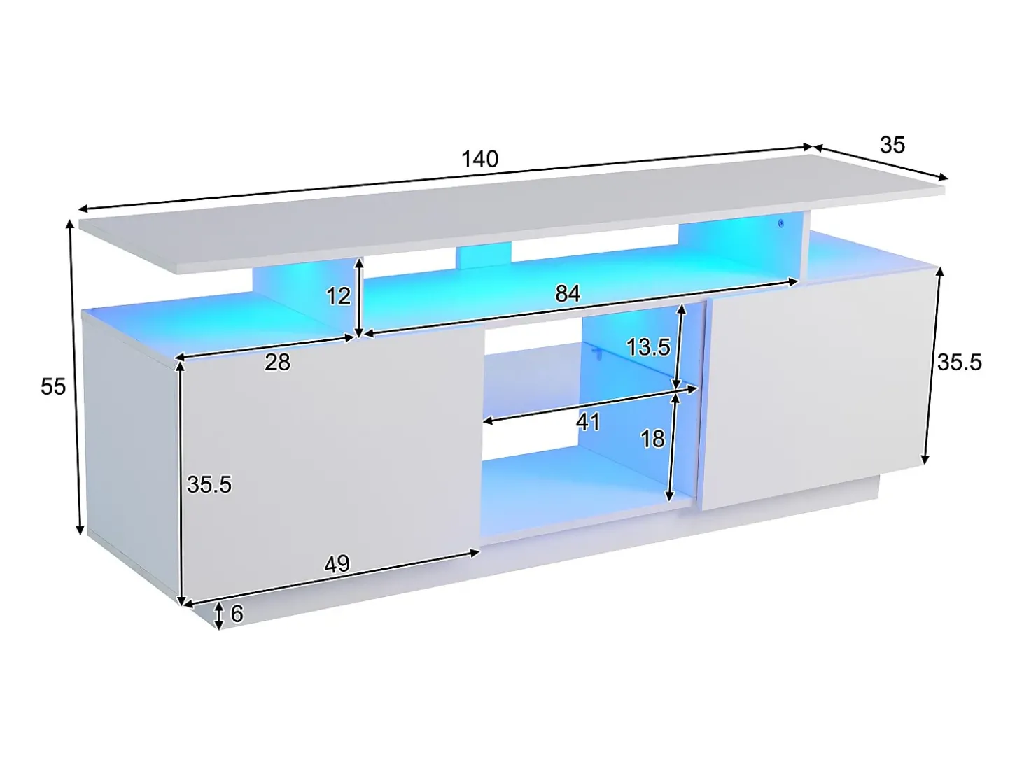 Móvel TV moderno 140cm com LED para TV de 60" - 2 portas e 2 compartimentos de vidro - Branco