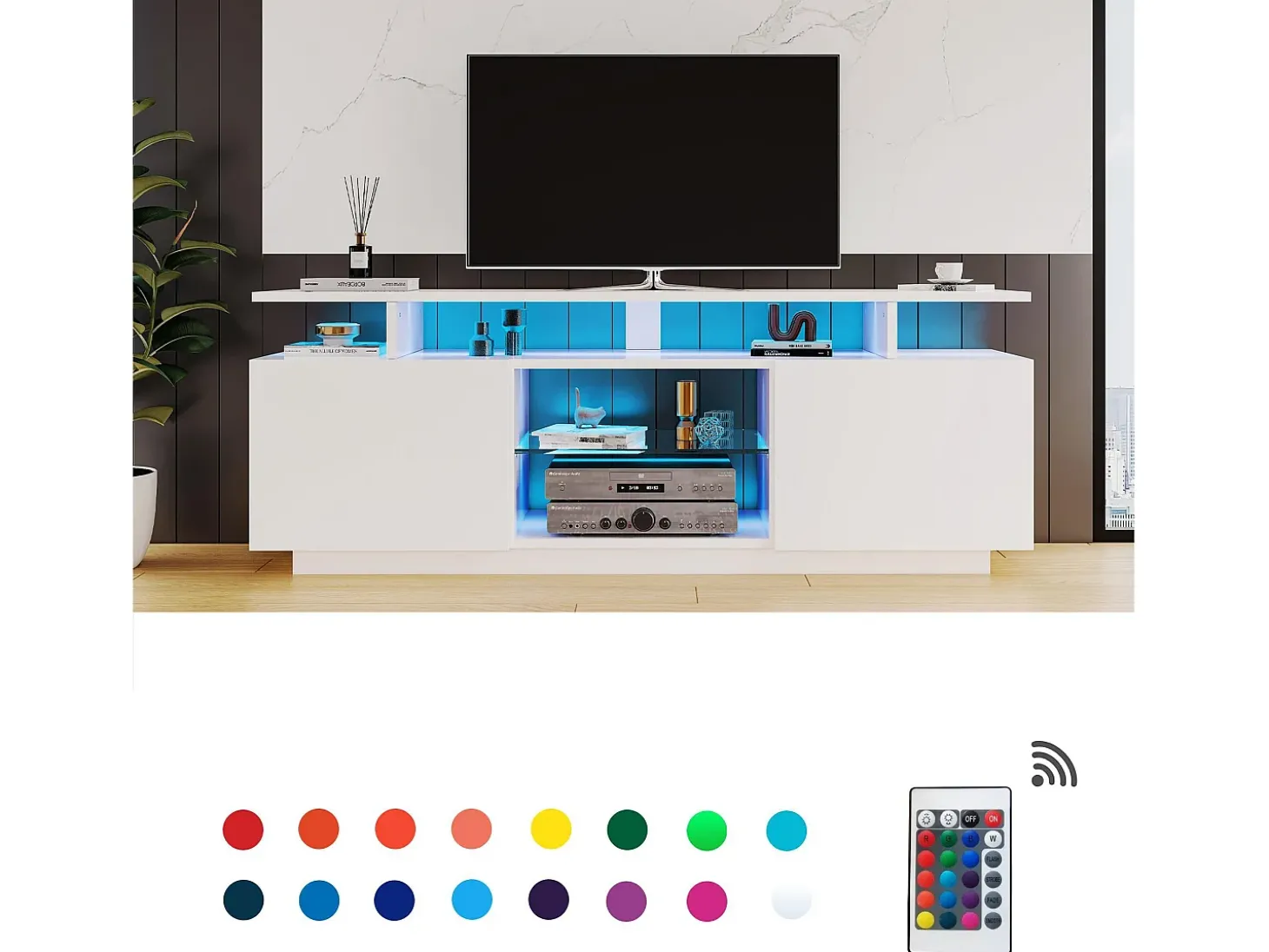 Móvel TV moderno 140cm com LED para TV de 60" - 2 portas e 2 compartimentos de vidro - Branco