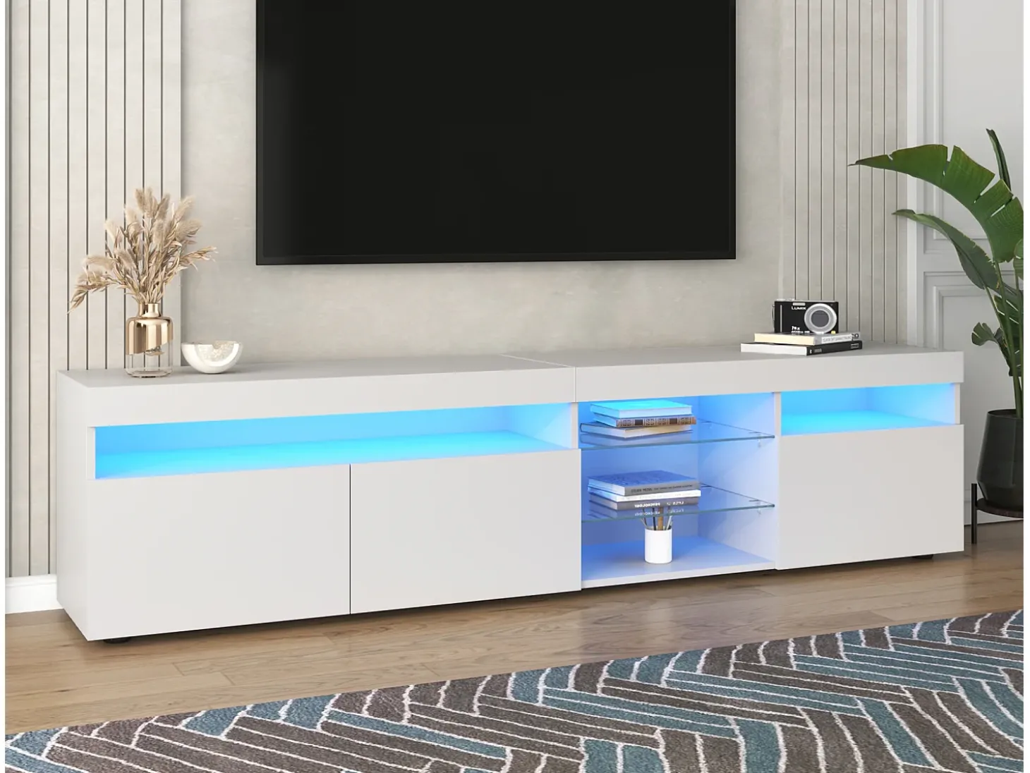 Móvel TV moderno 180cm com LED - 3 portas e 5 compartimentos abertos - Branco