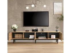 Móvel TV, Móvel TV Estilo Industrial 175cm com LED, Prateleiras e Armazenamento, 3 Portas, madeira