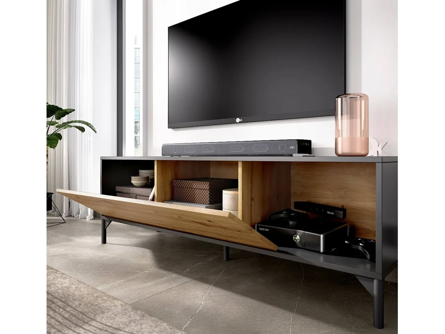 Móvel TV Olimpo, Aparador baixo da sala, Aparador da sala para televisão, 132x39h44 cm, Carvalho Nodi e Antracite