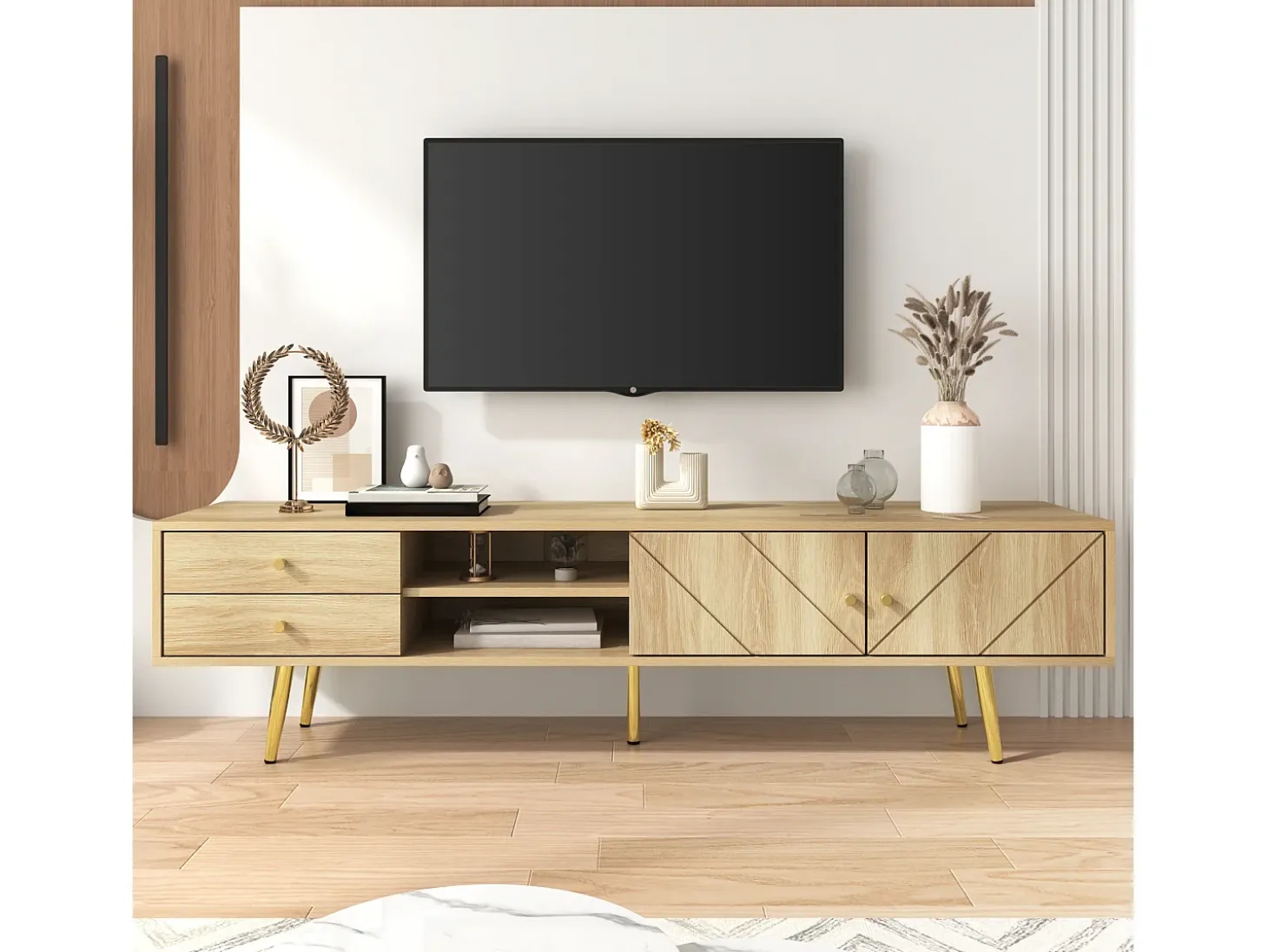Móvel TV 160x36x42cm - com 2 gavetas e 2 portas - pés dourados - Natural