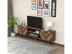 Móvel TV 160x38x47cm - Móvel TV 2 portas em folheado de madeira maciça com 2 compartimentos, puxadores dourados e pés em ferro - castanho