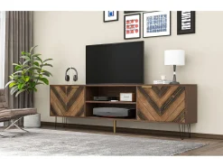 Móvel TV 160x38x47cm - Móvel TV 2 portas em folheado de madeira maciça com 2 compartimentos, puxadores dourados e pés em ferro - castanho