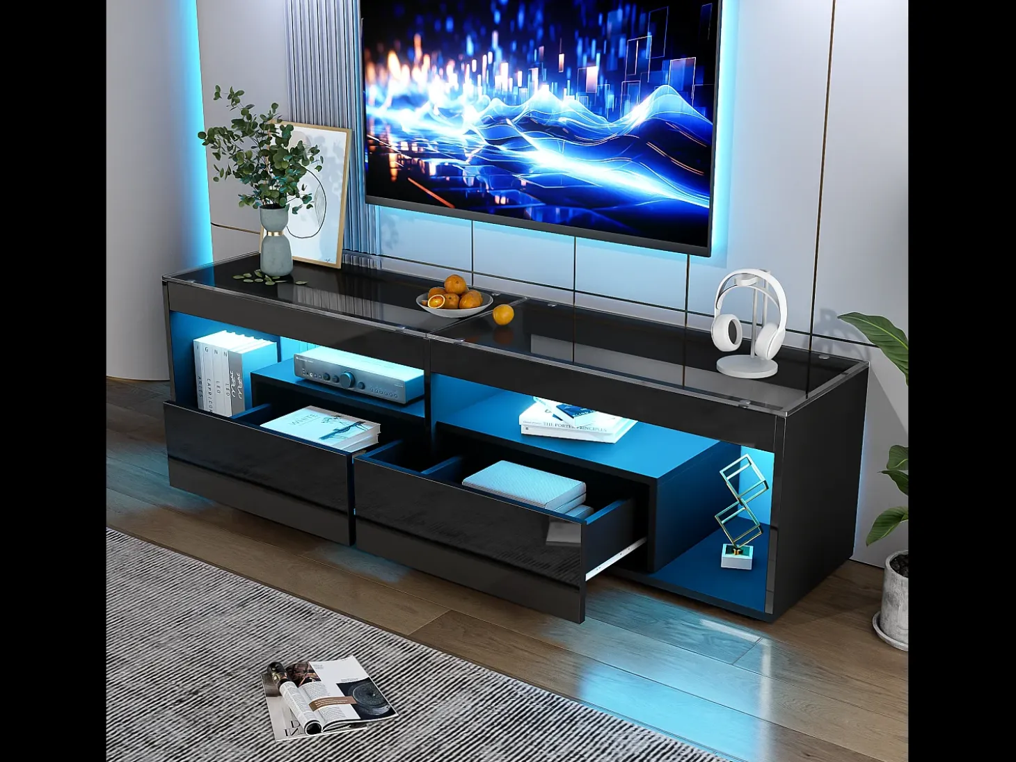 Móvel TV 180x40x46cm com 2 gavetas, LED incluído, corpo em lacado preto