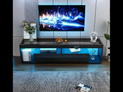 Móvel TV 180x40x46cm com 2 gavetas, LED incluído, corpo em lacado preto