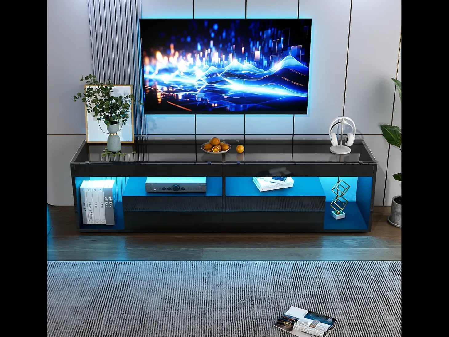 Móvel TV 180x40x46cm com 2 gavetas, LED incluído, corpo em lacado preto