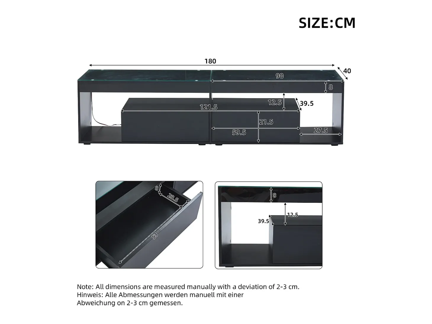 Móvel TV 180x40x46cm com 2 gavetas, LED incluído, corpo em lacado preto