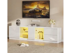 Móvel TV 160x40x52cm com 1 porta, 2 gavetas e prateleiras de vidro, LED incluído, corpo em lacado branco