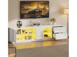 Móvel TV 160x40x52cm com 1 porta, 2 gavetas e prateleiras de vidro, LED incluído, corpo em lacado branco