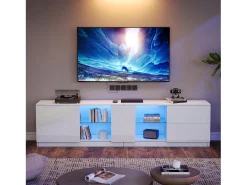 Móvel TV 160x40x52cm com 1 porta, 2 gavetas e prateleiras de vidro, LED incluído, corpo em lacado branco