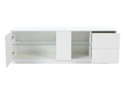 Móvel TV 160x40x52cm com 1 porta, 2 gavetas e prateleiras de vidro, LED incluído, corpo em lacado branco