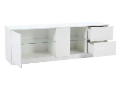 Móvel TV 160x40x52cm com 1 porta, 2 gavetas e prateleiras de vidro, LED incluído, corpo em lacado branco