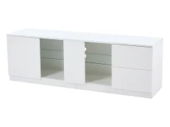 Móvel TV 160x40x52cm com 1 porta, 2 gavetas e prateleiras de vidro, LED incluído, corpo em lacado branco
