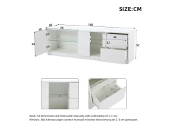 Móvel TV 160x40x52cm com 1 porta, 2 gavetas e prateleiras de vidro, LED incluído, corpo em lacado branco