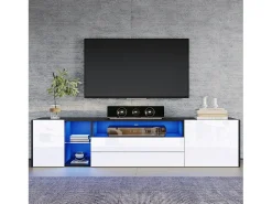 Móvel TV 180x40x45cm com 2 portas e 2 gavetas, LED incluído, corpo em laca branca e preta brilhante