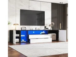 Móvel TV 180x40x45cm com 2 portas e 2 gavetas, LED incluído, corpo em laca branca e preta brilhante