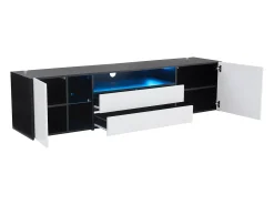 Móvel TV 180x40x45cm com 2 portas e 2 gavetas, LED incluído, corpo em laca branca e preta brilhante