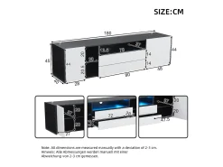 Móvel TV 180x40x45cm com 2 portas e 2 gavetas, LED incluído, corpo em laca branca e preta brilhante