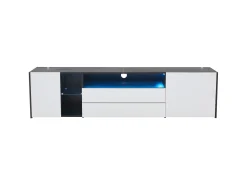 Móvel TV 180x40x45cm com 2 portas e 2 gavetas, LED incluído, corpo em laca branca e preta brilhante