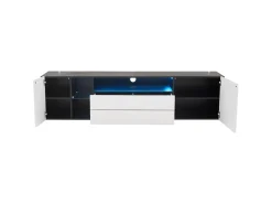 Móvel TV 180x40x45cm com 2 portas e 2 gavetas, LED incluído, corpo em laca branca e preta brilhante