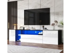 Móvel TV 180x40x45cm com 2 portas e 2 gavetas, LED incluído, corpo em laca branca e preta brilhante