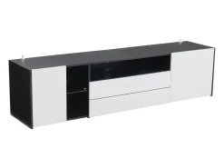 Móvel TV 180x40x45cm com 2 portas e 2 gavetas, LED incluído, corpo em laca branca e preta brilhante