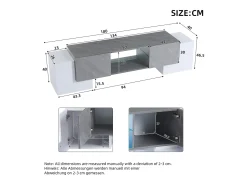 Móvel TV 180x40x46,5cm com 4 portas e 1 prateleira de vidro, LED incluído, branco e cinza
