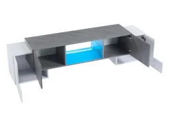 Móvel TV 180x40x46,5cm com 4 portas e 1 prateleira de vidro, LED incluído, branco e cinza