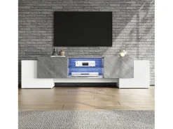 Móvel TV 180x40x46,5cm com 4 portas e 1 prateleira de vidro, LED incluído, branco e cinza