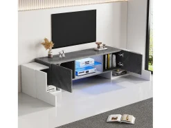 Móvel TV 180x40x46,5cm com 4 portas e 1 prateleira de vidro, LED incluído, branco e cinza