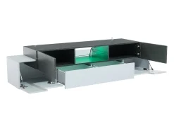 Móvel TV 180x40x45cm com 4 portas e 2 gavetas, LED incluído, tampo em folheado de concreto cinza, branco