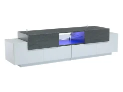 Móvel TV 180x40x45cm com 4 portas e 2 gavetas, LED incluído, tampo em folheado de concreto cinza, branco