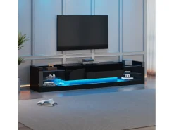 Móvel TV 181x38x38cm com 2 portas e 4 prateleiras de vidro, LED incluído, preto