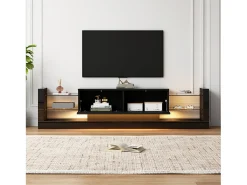 Móvel TV 181x38x38cm com 2 portas e 4 prateleiras de vidro, LED incluído, preto