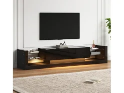 Móvel TV 181x38x38cm com 2 portas e 4 prateleiras de vidro, LED incluído, preto