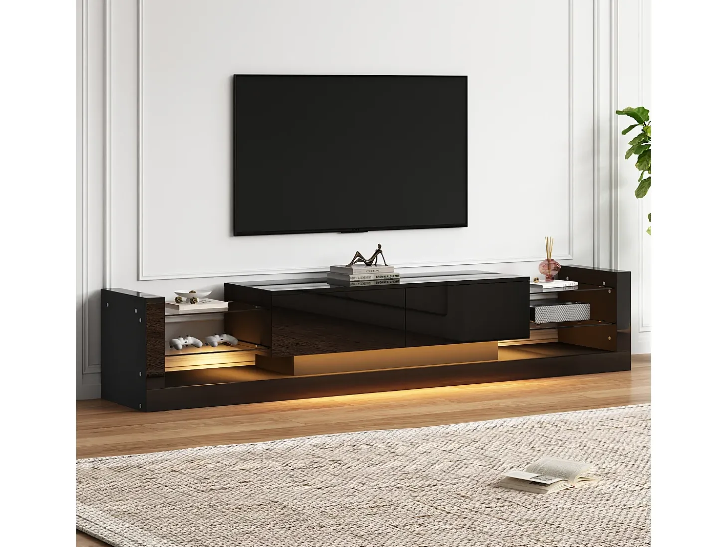 Móvel TV 181x38x38cm com 2 portas e 4 prateleiras de vidro, LED incluído, preto