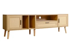 Móvel TV 180x40x54cm com 2 portas e 1 gaveta de vime, 3 nichos, corpo em madeira natural clara