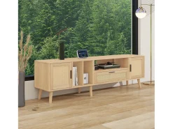 Móvel TV 180x40x54cm com 2 portas e 1 gaveta de vime, 3 nichos, corpo em madeira natural clara