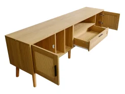 Móvel TV 180x40x54cm com 2 portas e 1 gaveta de vime, 3 nichos, corpo em madeira natural clara