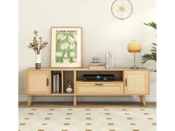 Móvel TV 180x40x54cm com 2 portas e 1 gaveta de vime, 3 nichos, corpo em madeira natural clara