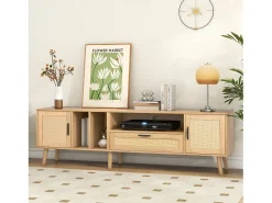 Móvel TV 180x40x54cm com 2 portas e 1 gaveta de vime, 3 nichos, corpo em madeira natural clara