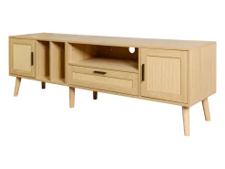 Móvel TV 180x40x54cm com 2 portas e 1 gaveta de vime, 3 nichos, corpo em madeira natural clara