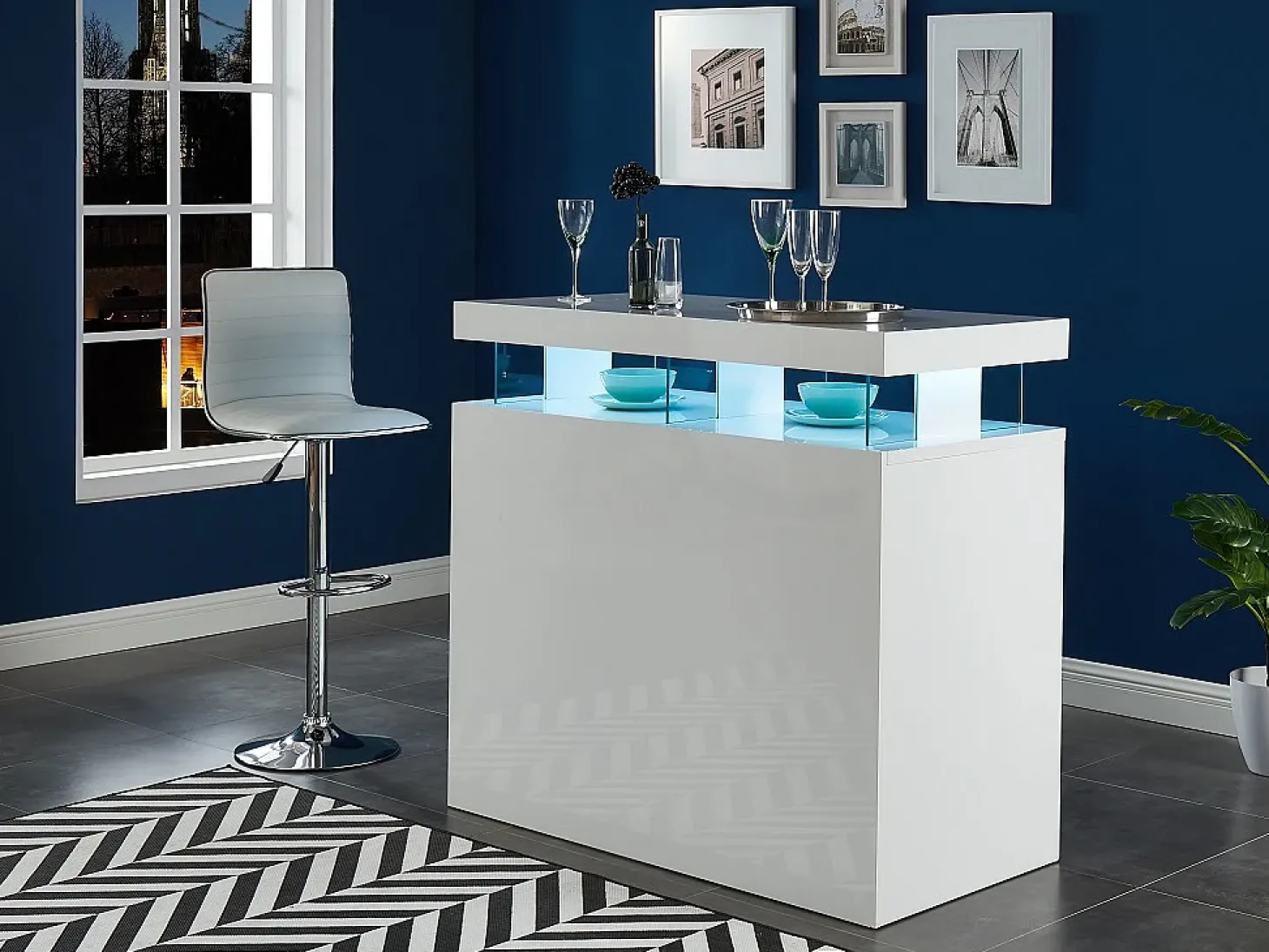 Móvel/bar FABIO - MDF lacado branco, luzes LED, 2 nichos