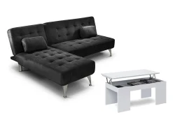 Oferta: Sofá-Cama Chaise Longue XS Cinza + Mesa de Centro Branco e Carvalho