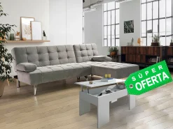 Oferta: Sofá-Cama Chaise Longue XS Preto + Mesa de Centro Branco e Cimento