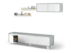 Parede de armazenamento Vergennes, Conjunto de sala de estar, Móveis de sala multiuso, Parede de armazenamento moderna, 200x41h50 cm, Cimento e Branco Brilhante