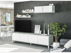 Parede de armazenamento Vergennes, Conjunto de sala de estar, Móveis de sala multiuso, Parede de armazenamento moderna, 200x41h50 cm, Cimento e Branco Brilhante