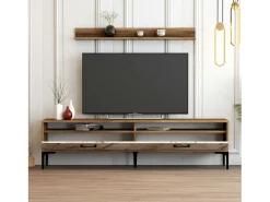 Parede equipada Dkatseri, Composição soggioRno, Armário de sala multiuso, Armário de TV, 180x35h47 cm, Nogueira e Mármore Branco