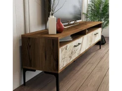 Parede equipada Dkatseri, Composição soggioRno, Armário de sala multiuso, Armário de TV, 180x35h47 cm, Nogueira e Mármore Branco